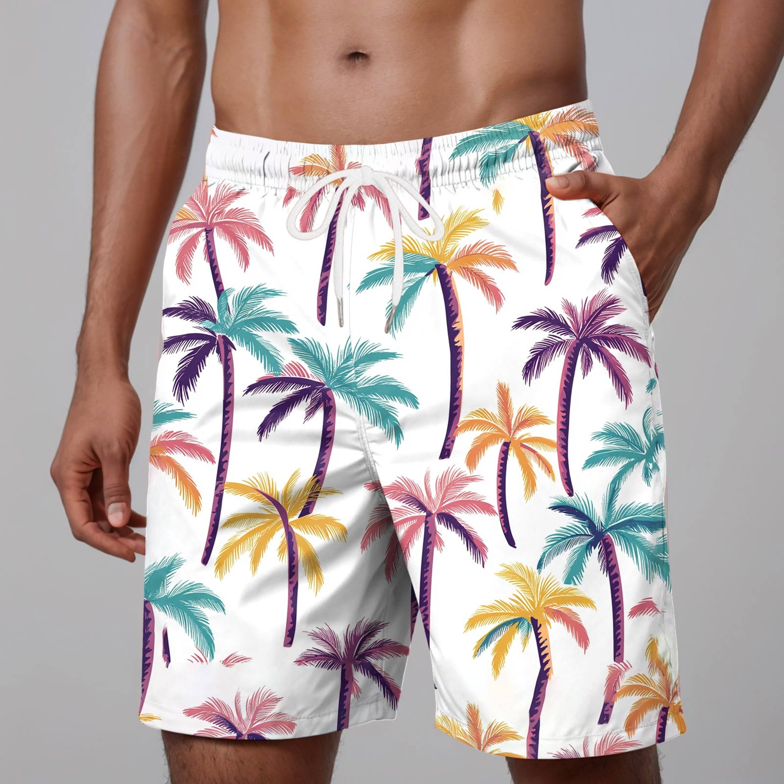 Thingsroom Stylish Beach Print Swimpant Mens' Summer Casual Shorts With Pockets Swimming Trunks Male Swimwear Loose Fit Swimpants Tether
