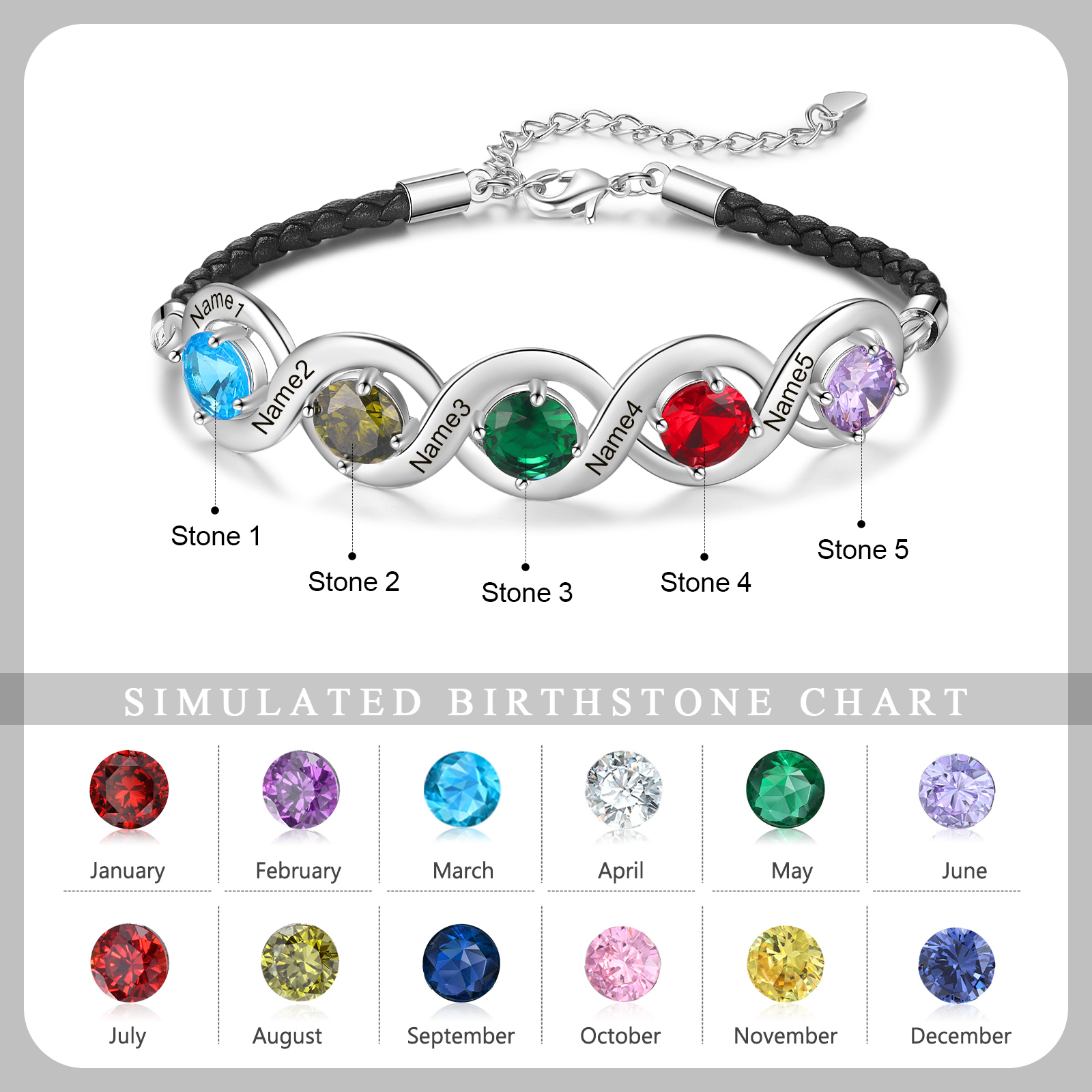 Braccialetto infinito personalizzato con 5 nomi e 5 pietre di nascita regalo per donna