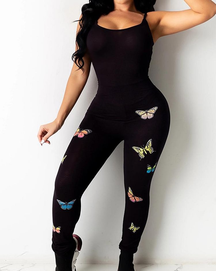 Butterfly Print Form Fitting Cami Casual Jumpsuit - Shop Trendy Women's Clothing | LoverChic