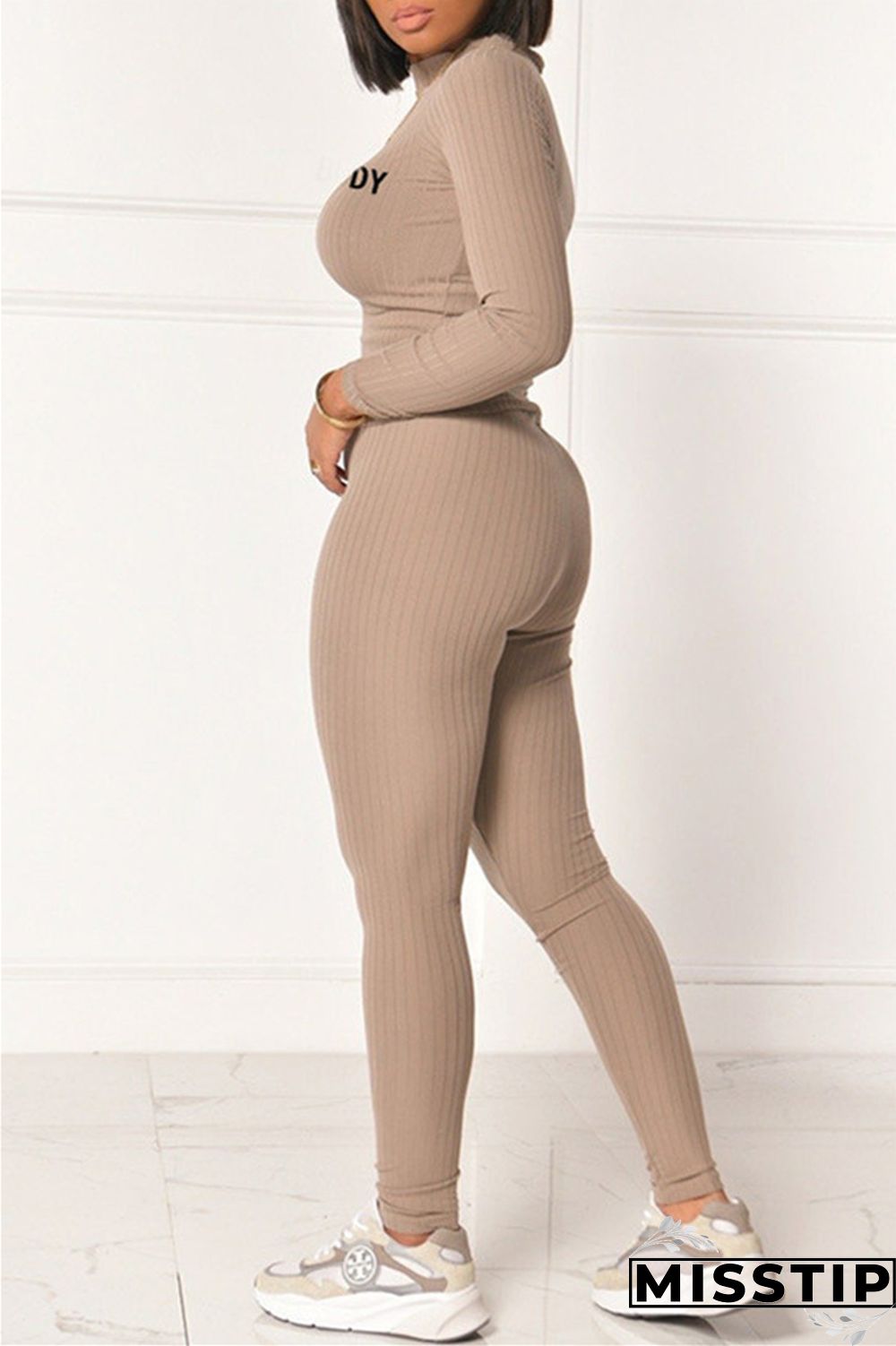 Grey Fashion Casual Letter Print Basic Half A Turtleneck Long Sleeve Two Pieces