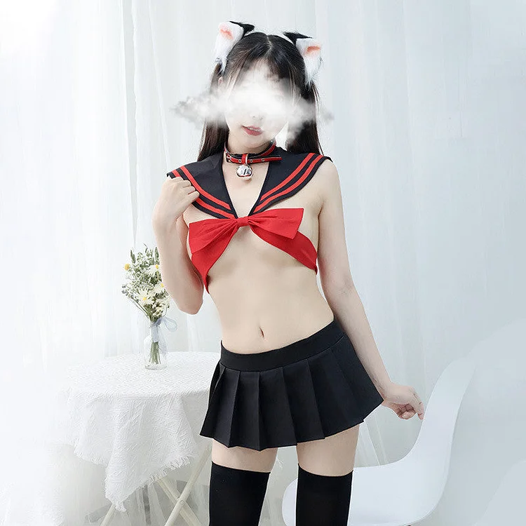 Kawaii Red Bowtie Sailor School Girl Uniform Lingerie Set SP16856
