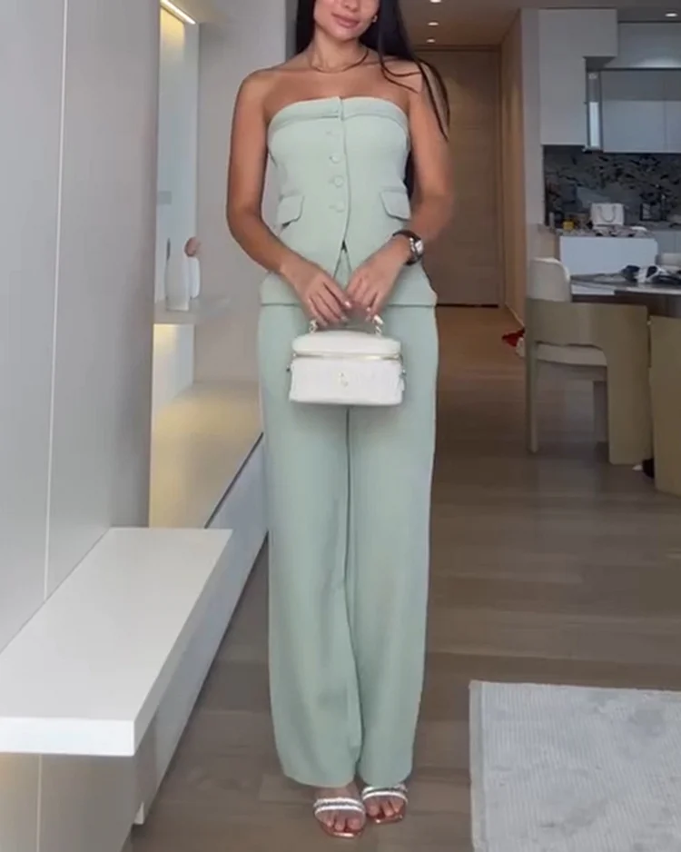 Women's solid color trousers tube top suit