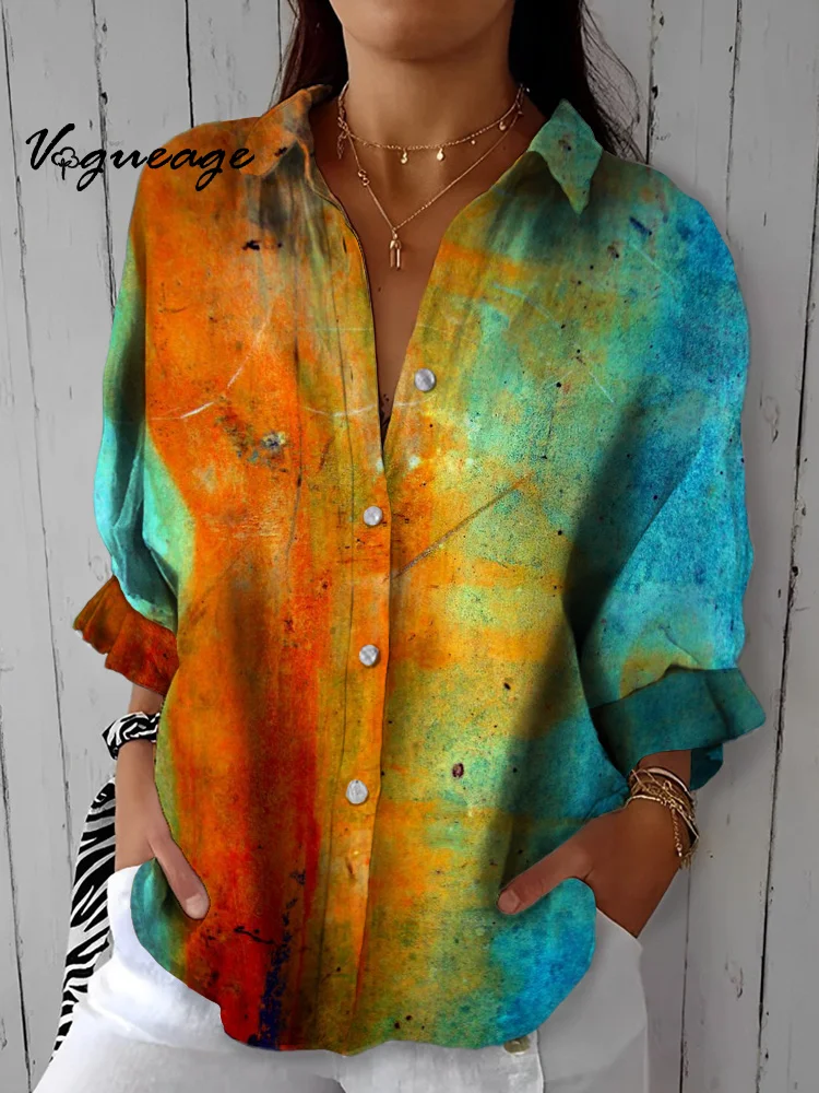 Fashionable And Gorgeous Two-Color Stitching Printed Cotton And Linen Shirt