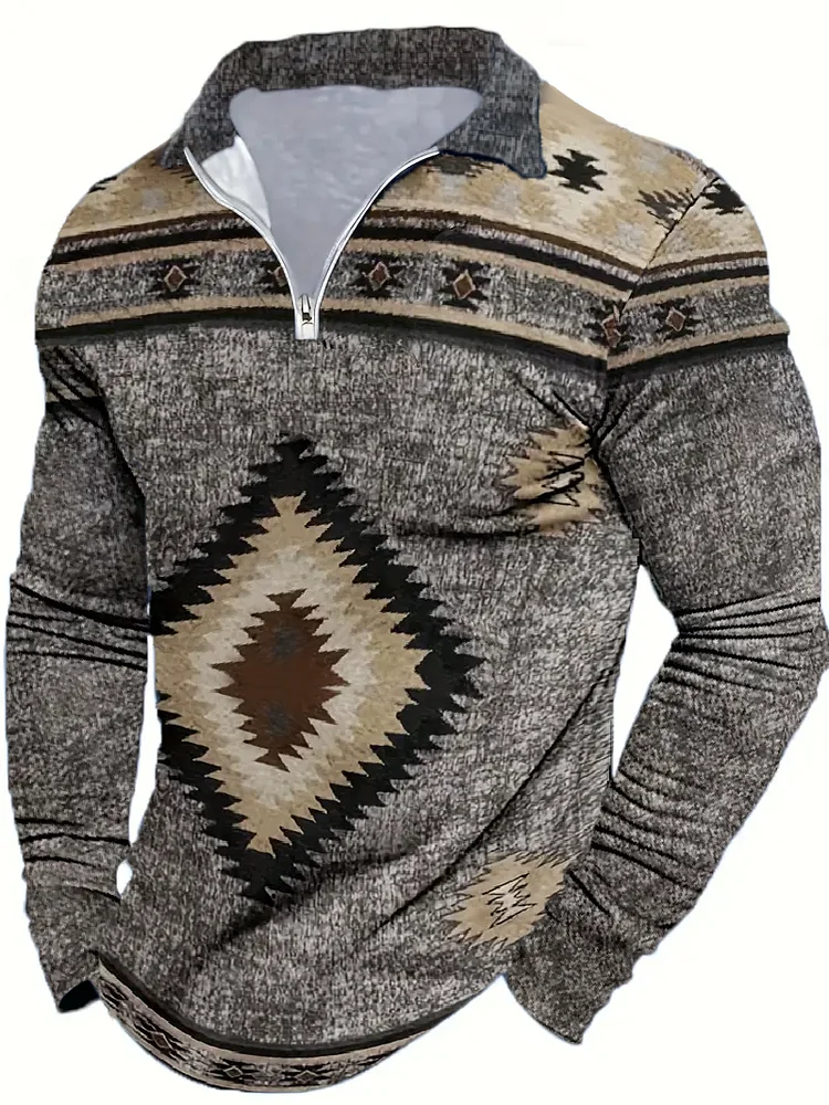 Large size Men's lapel Henley Shirt & Geometric graphic print Top & Casual fashion top