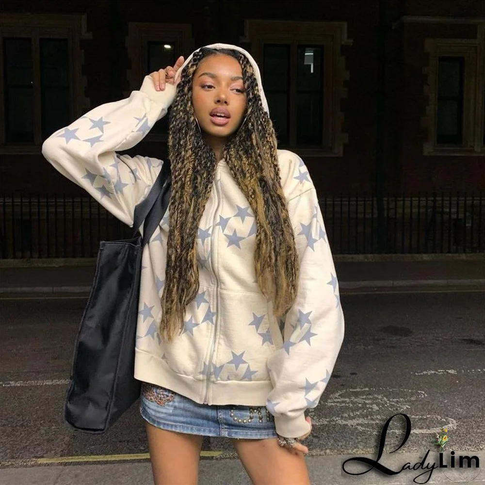 Women Star Print Zip Oversized Hoodies Jacket
