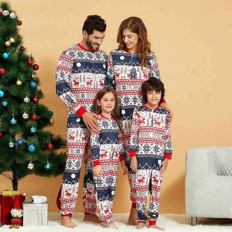 Christmas Reindeer Snowflake Geometric Print Family Matching Onesie Pajamas