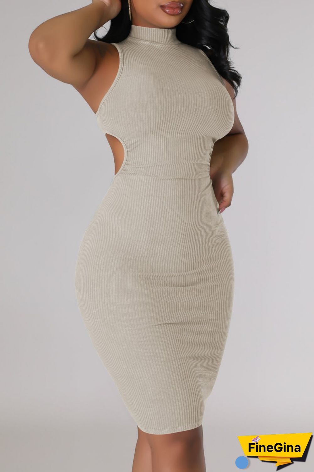 Cream White Casual Solid Hollowed Out Turtleneck Sleeveless Dress Dresses