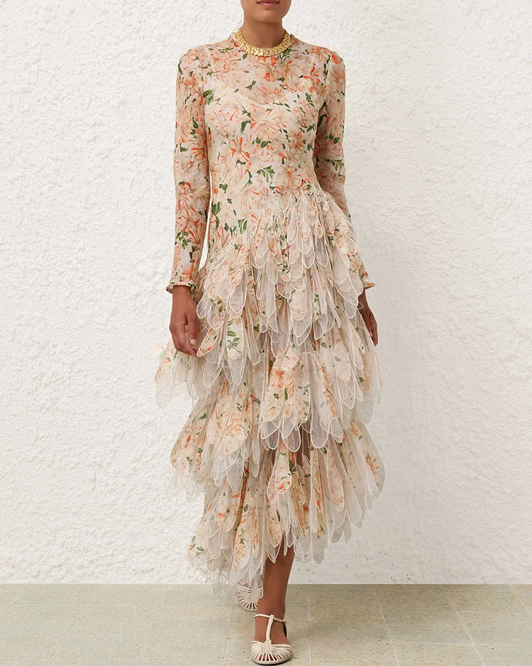 Romantic Floral Print Feather Midi Dress