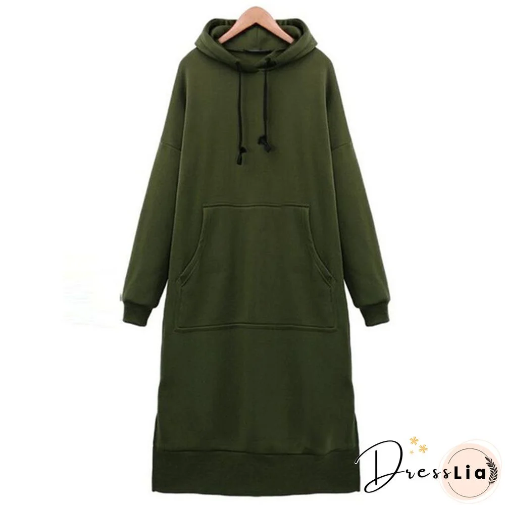Women Plus Size Spring Autumn Casual Long Pullover Fleece Hooded Sweatshirt Dress L-5Xl