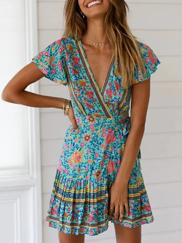 Women's Floral Mini Dress Short Sleeve Boho V Neck Tiered Ruffle Ruched Dresses