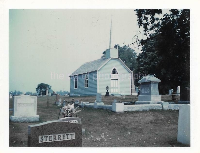 BLUE CHURCH Vintage POLAROID Found Photo Poster paintinggraph CANADA Cemetery COLOR JD 19 17 X