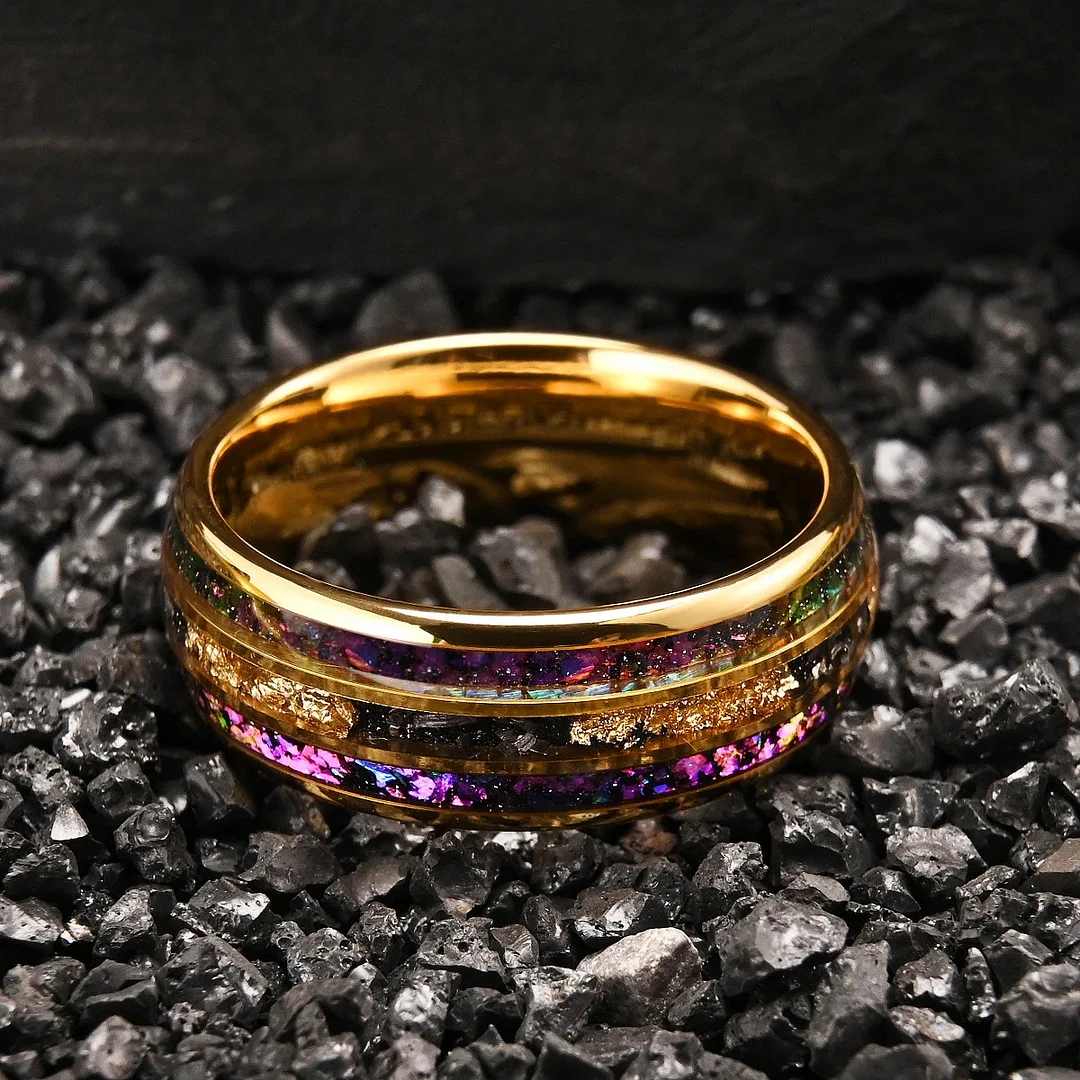 8MM Gold Electroplated and Inlaid Opal Gold Foil Tungsten Carbide Rings Spherical Wedding Comfort Fit Couple Rings