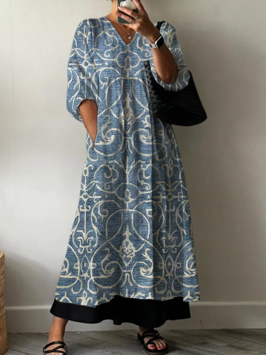 Women's Vintage Lovely Floral Art Print Pocket V-neck Cotton Dress