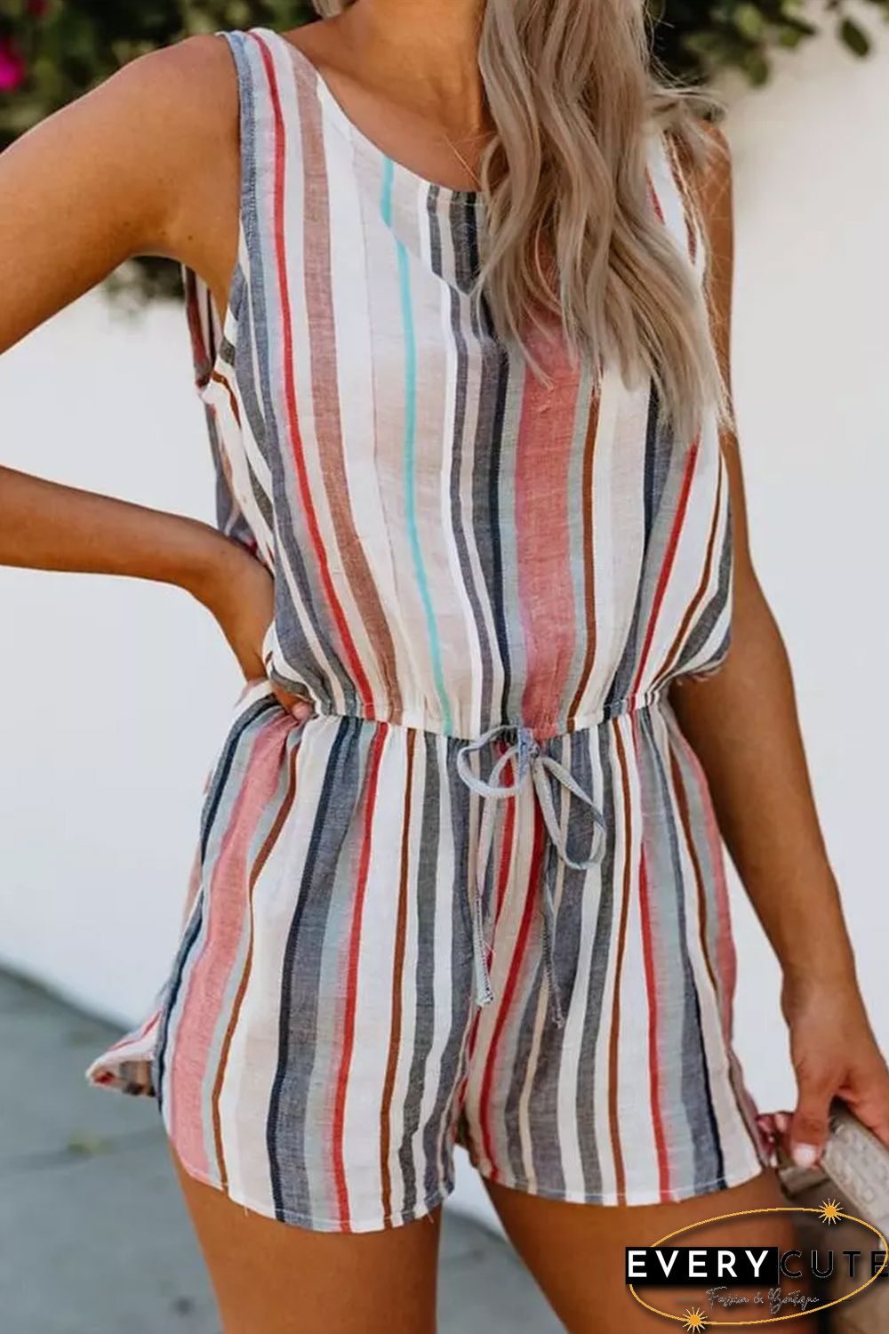 Striped Drawstring O-Neck Sleeveless Romper