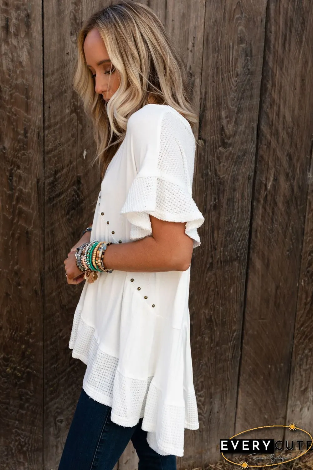 White Contrast Knit Splicing V Neck Studded Blouse