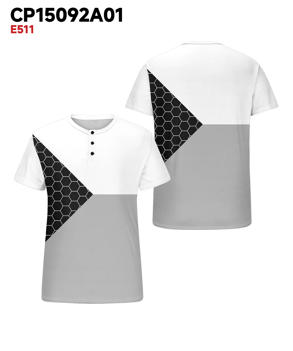 Men's Plus Size Daily Casual Black And White Grey Patchwork Geometric Print Henry Collar Button Short Sleeve T-Shirt