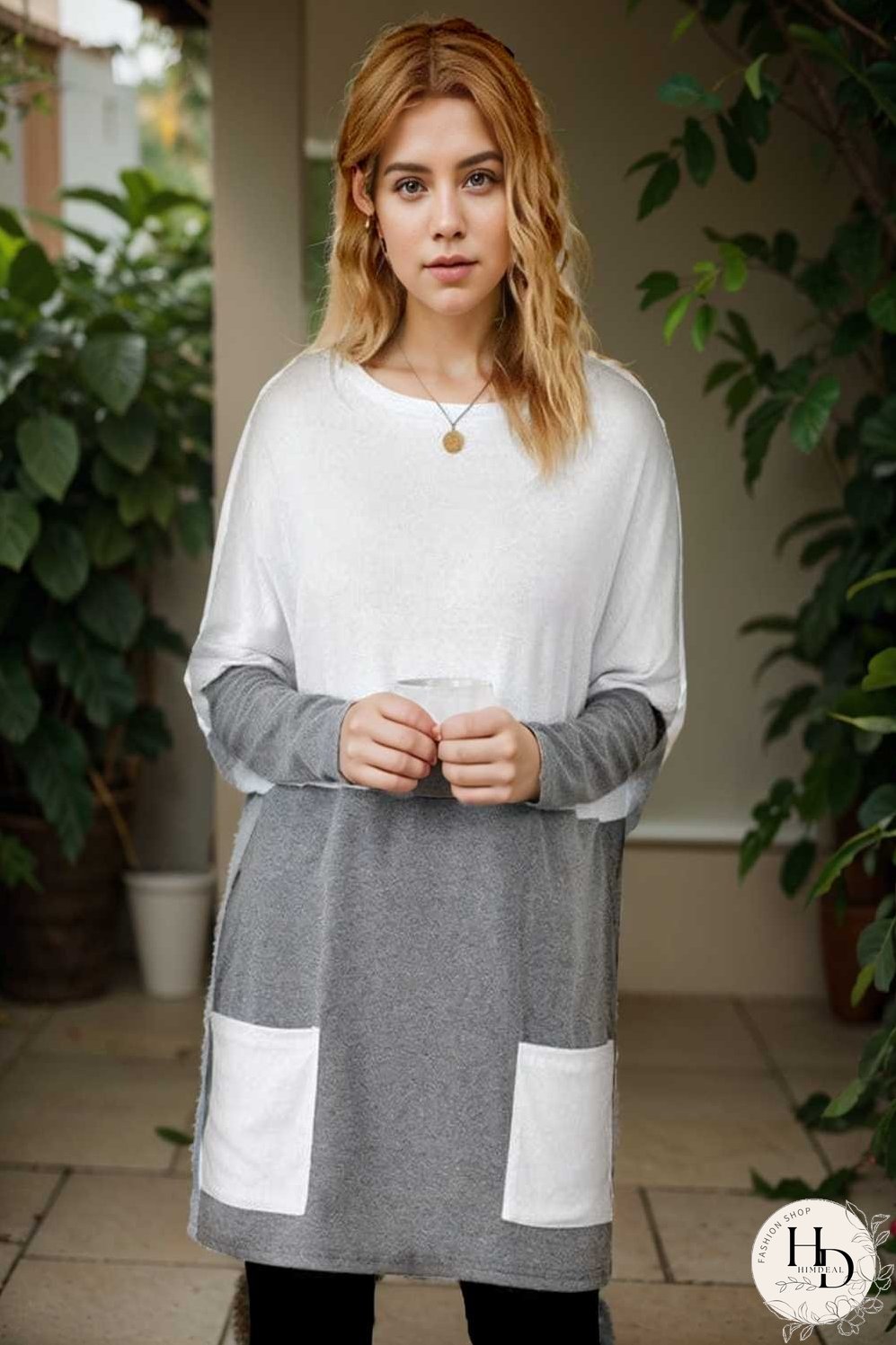 two color stitching pocket loose long sleeve t shirt