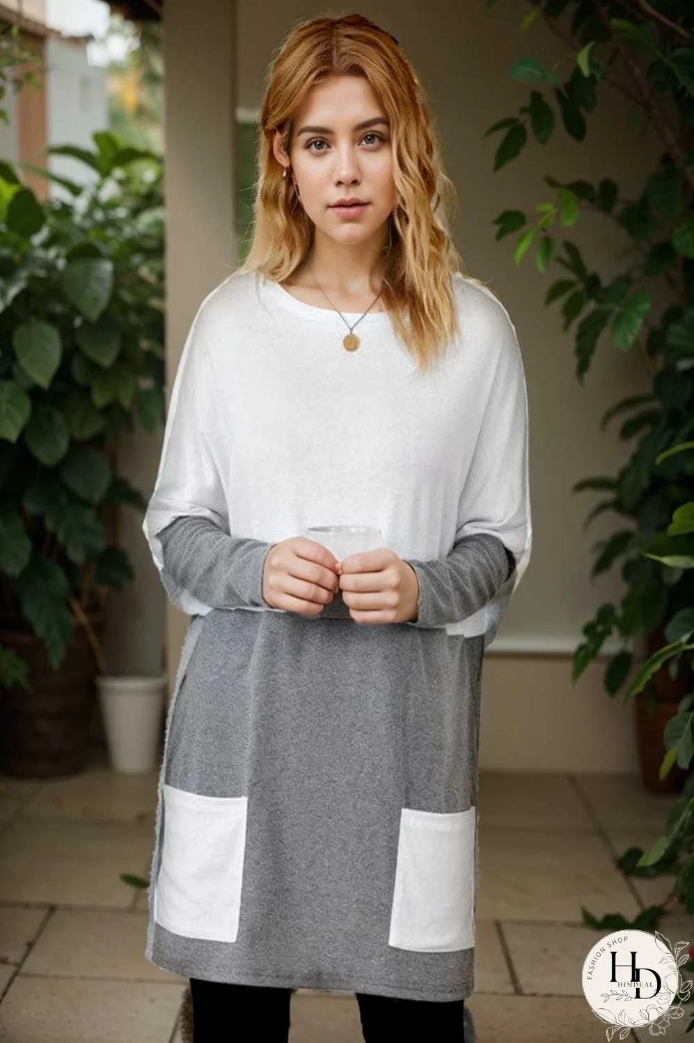 two color stitching pocket loose long sleeve t shirt