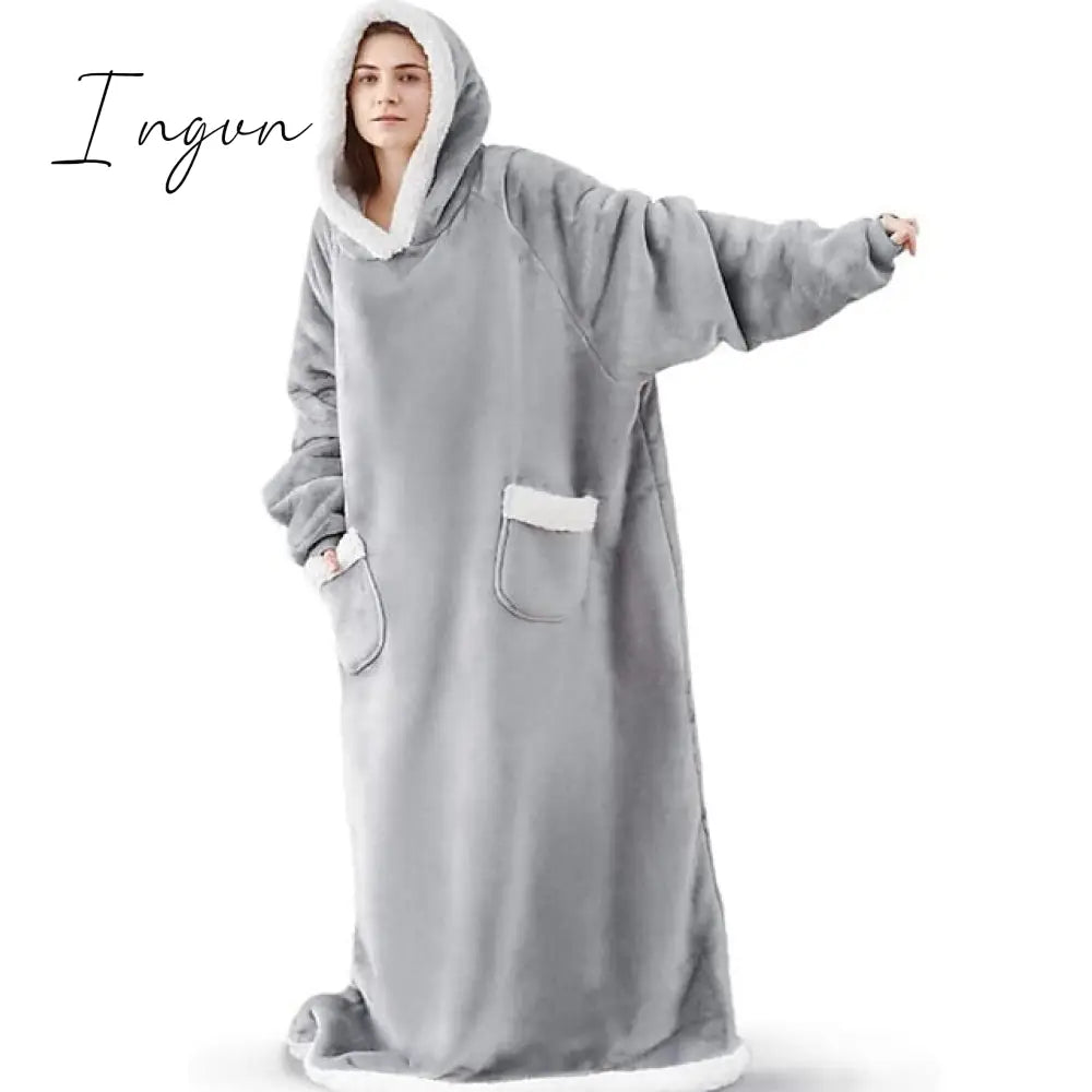 Ingvn - Oversized Wearable Blanket Flannel Thick Soft Warm Long Hoodie Big Hooded Sweatshirt For