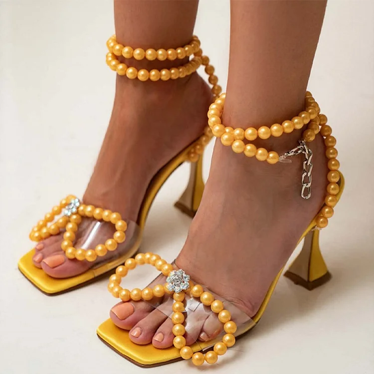 Yellow Pearl Clear Strap Bow Square Toe Sandals with Heels Vdcoo