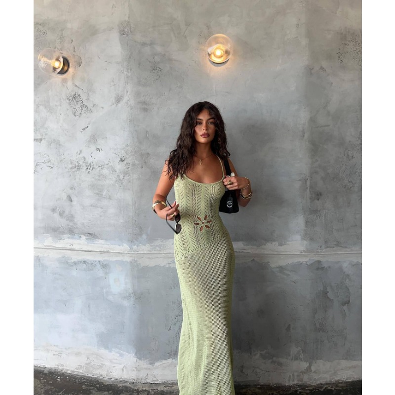 Ootddress Summer Knit Bandage Maxi Dress Female Hollow Out See-Through Printed High Waist Backless Beach Holiday Women Long Dress