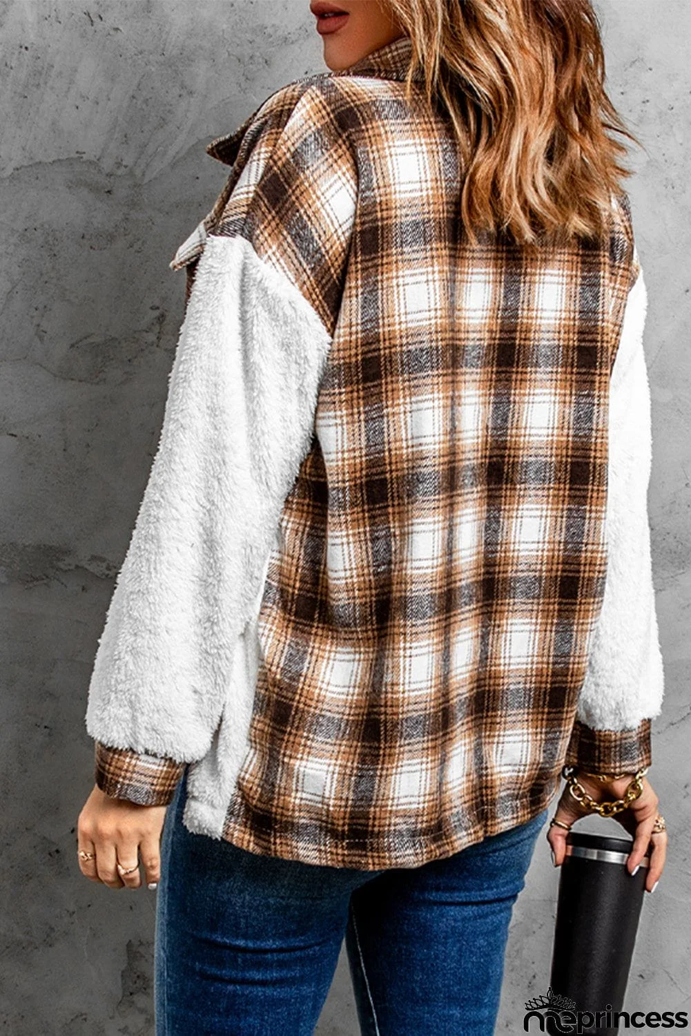 Plaid Patchwork Buttoned Pocket Sherpa Jacket