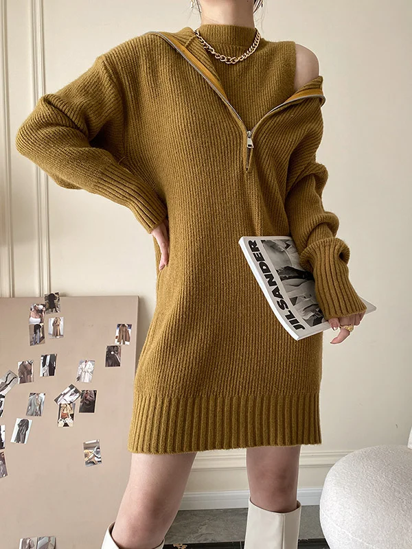 Original Chic 5 Colors Knitting High-Neck Sleeveless Vest Top&Zipper Long Sleeves Mini Sweater Dress 2 Pieces Set