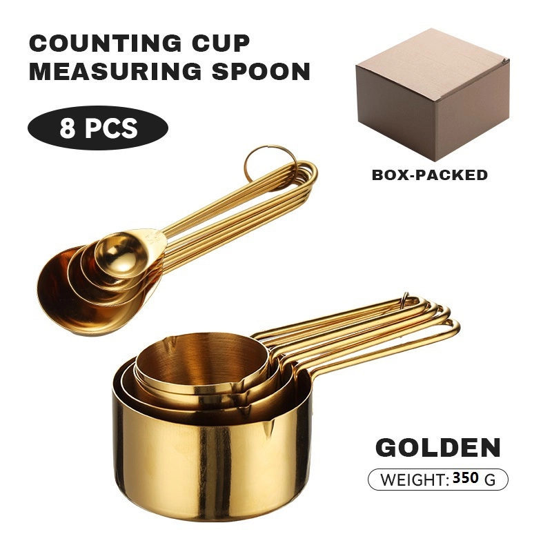430 Stainless Steel Measuring Cup Measuring Spoon Suit 8-piece Rose Gold Wire Handle Measuring Spoon Measuring Cup 4-piece Set With Scale Gold