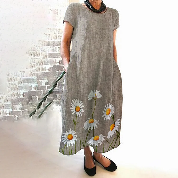 VChics Retro Loose Botanical Floral Print Linen Midi Dress