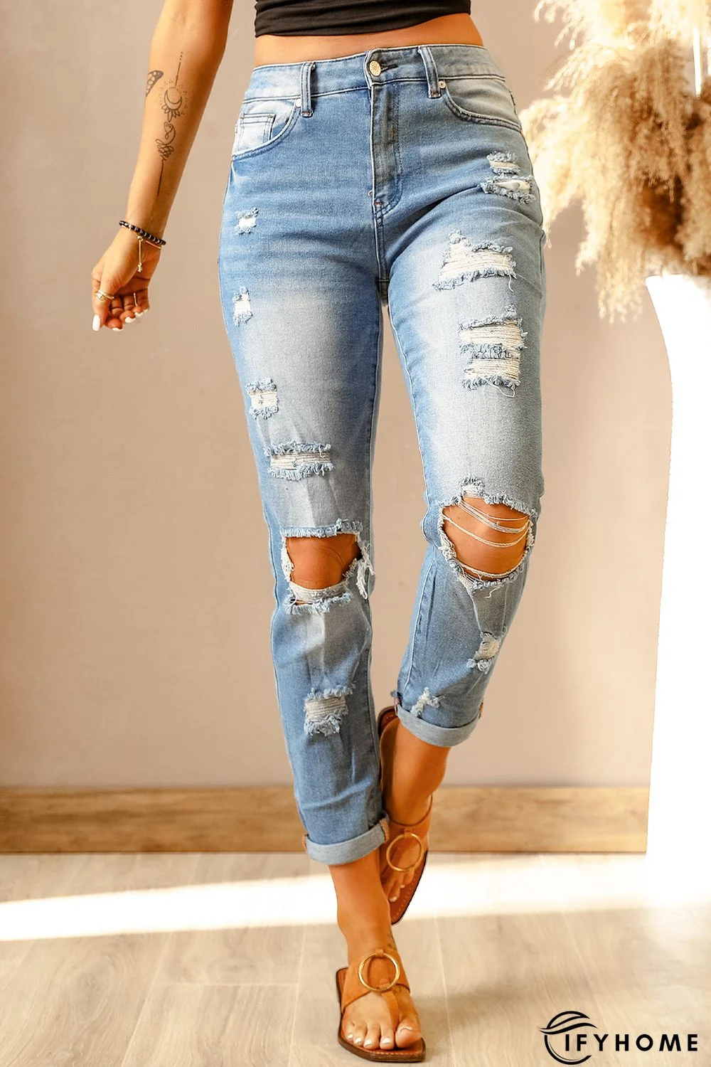 Light Blue Washed Ripped Straight Legs Jeans | IFYHOME