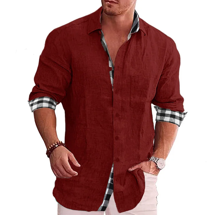 BrosWear Solid Color Checked Long Sleeve Shirt