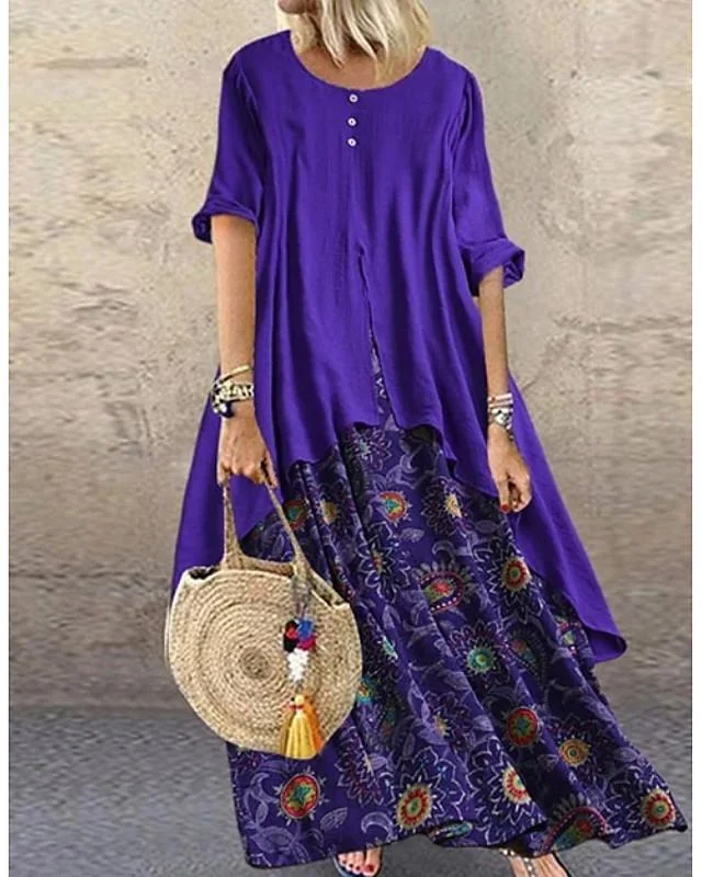 Women's Swing Dress Maxi Long Dress - Half Sleeve Polka Dot Plus Size Hot Purple Red Yellow Brown M