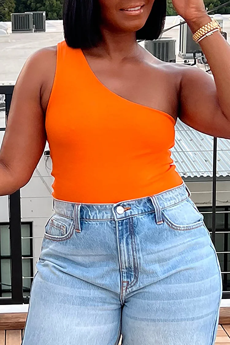 Plus Size Orange Casual One Shoulder Knitted Sleeveless Tank Tops [Pre-Order]