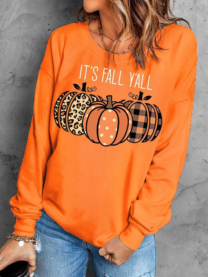 Orange Pumpkin Print Plain Crew Neck Pullover Sweatshirt
