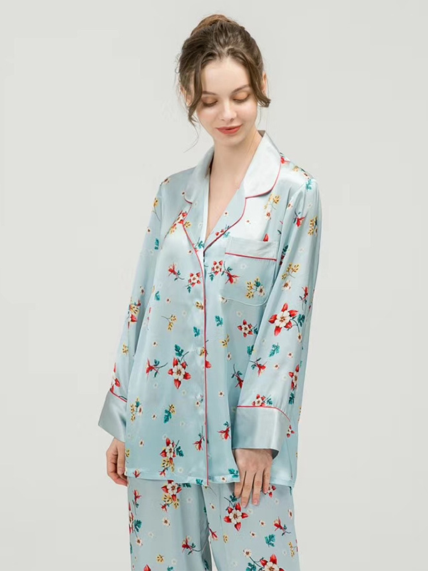 19 Momme Spring Blue Floral Contrasting Piping Silk Pajamas-Real Silk Life