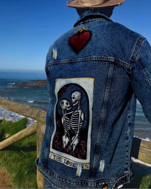 Vintage Heart Skulls Embroidery Men's Denim Jackets-VESSFUL