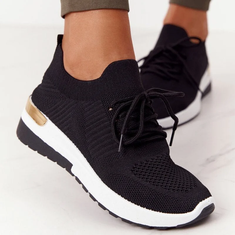 New Women Sneakers Ladies Solid Color Vulcanized Shoes Lace-Up Round Toe Wedge Ladies Shoes Outdoor Casual Comfy Female Footwear