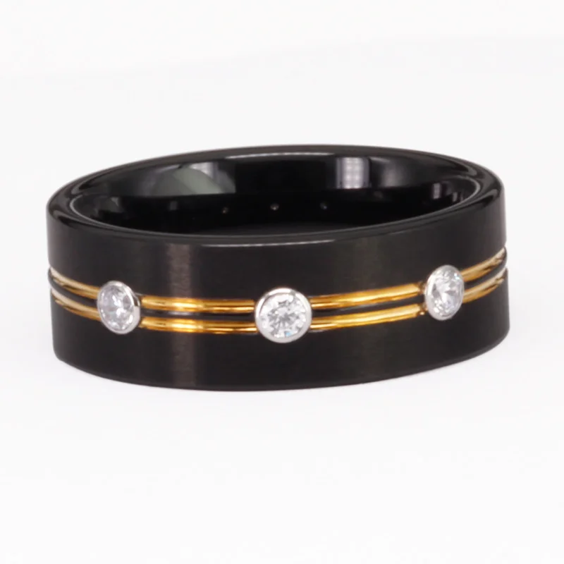 8MM Women's Or Men's Black Flat Tungsten Carbide Rings with Gold Grooved and Zircon Inlay