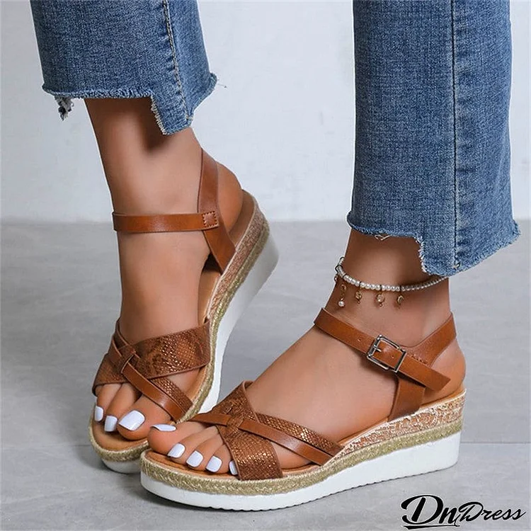 Casual Cross Strap Wedge Heel Buckle Roman Sandals for Women