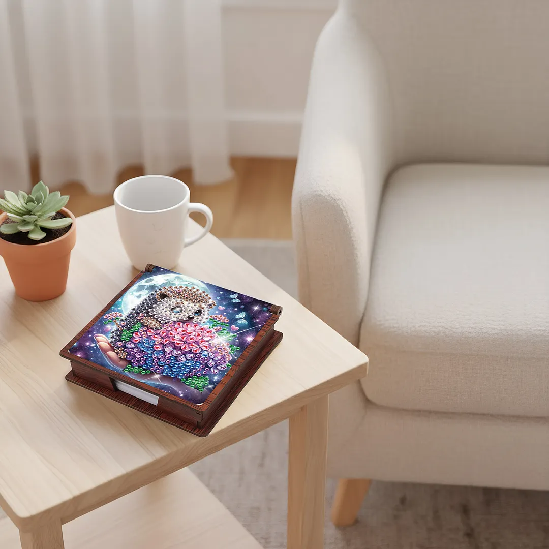 Wooden DIY Hedgehog Hydrangea Bouquet Diamond Painting Kit Note Box for Office