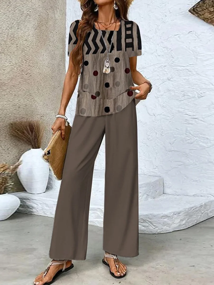 Women's Short Sleeve Square Collar Graphic Printed Casual Set
