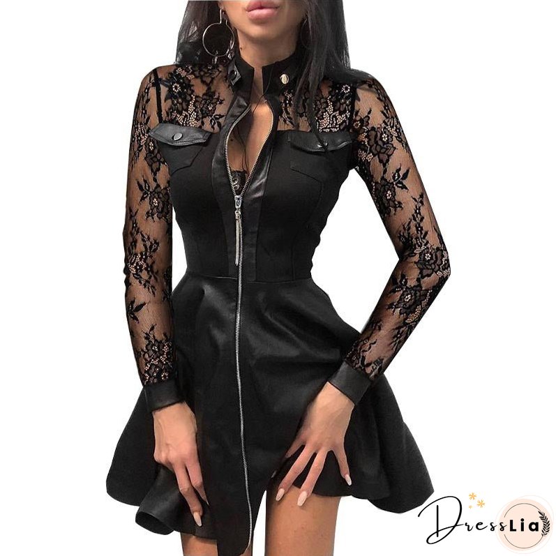 Women's Long Sleeve V-neck Zipper Pocket Dress Dresses