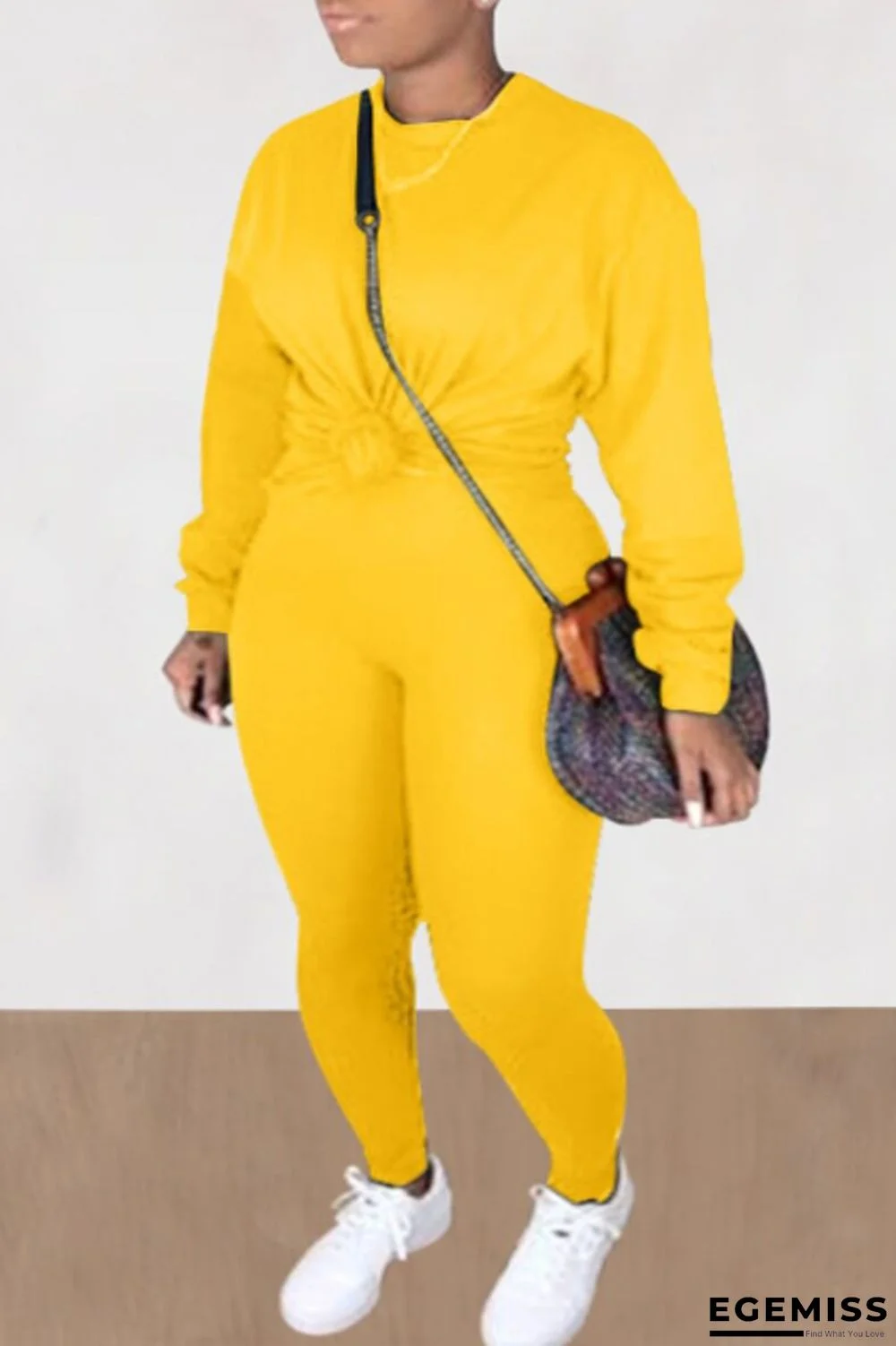 Yellow Casual Solid O Neck Long Sleeve Two Pieces | EGEMISS