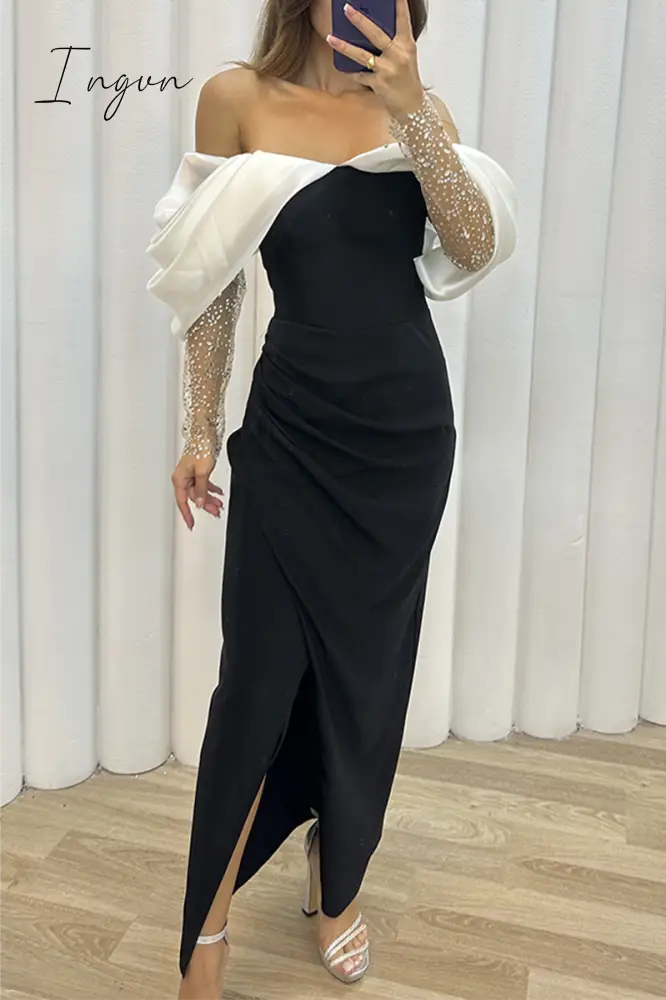 Ingvn - Elegant Solid Slit Fold Off The Shoulder Evening Dress Dresses Black White / S