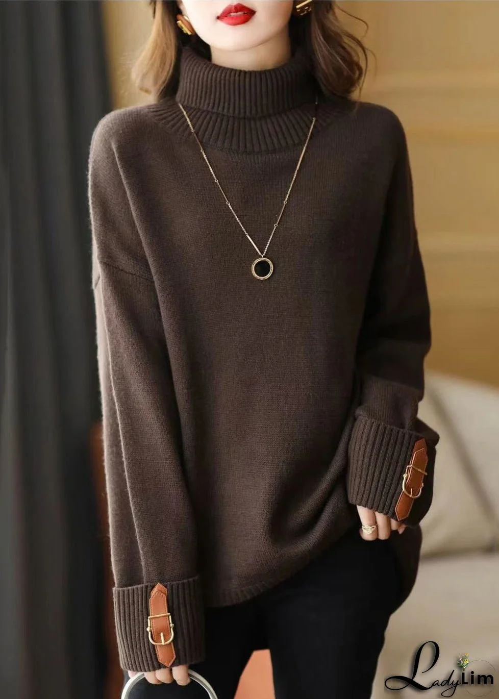 Art Chocolate Turtle Neck Low High Design Knit Sweater Winter
