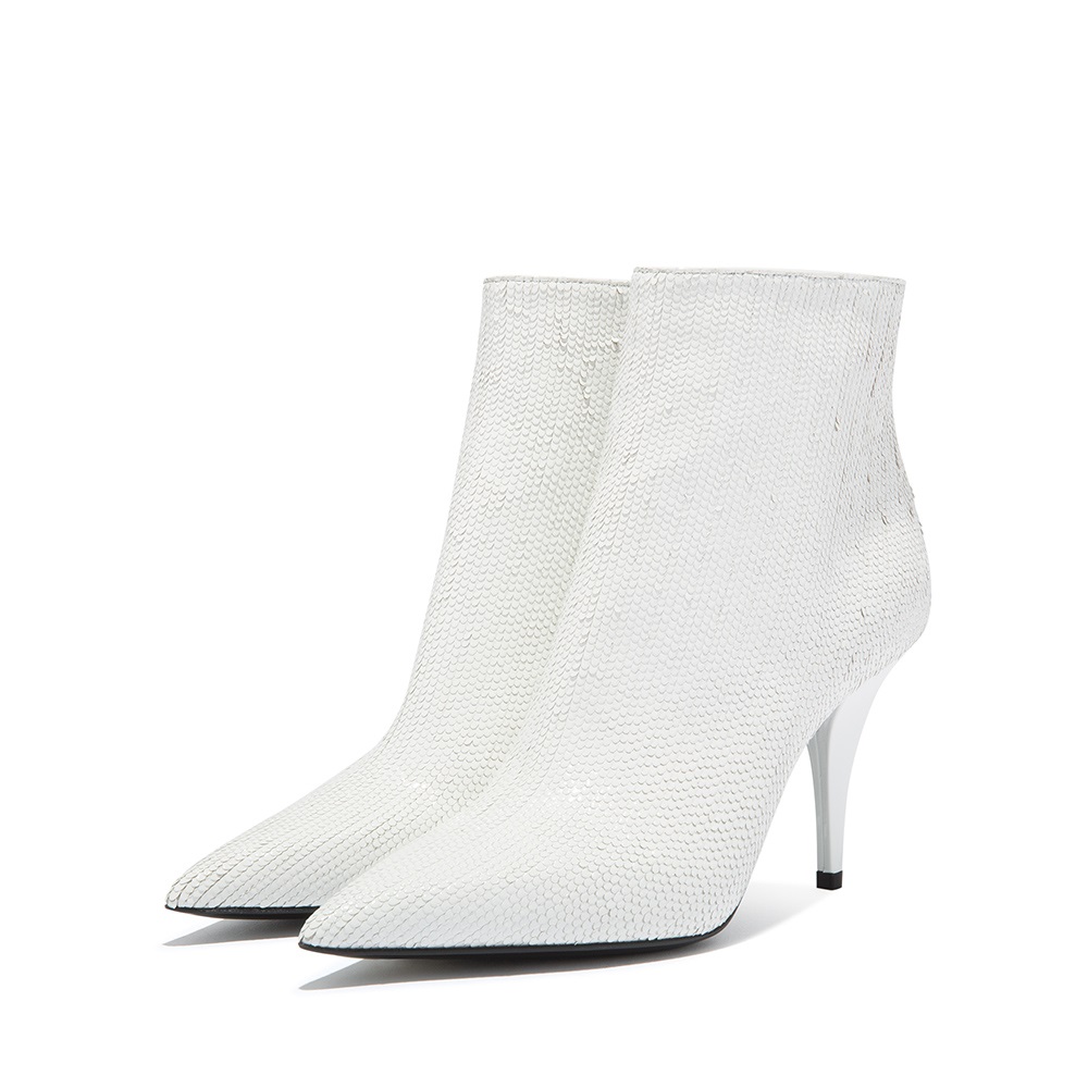 GOOSHOE White Stiletto Ankle Boots with Fish Scale Pattern