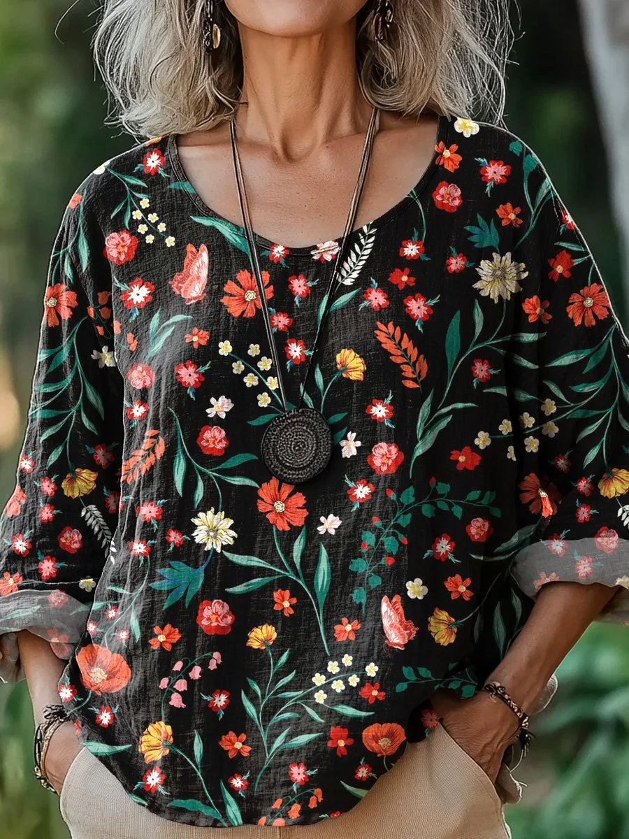 Garden Floral And Butterfly Pattern Printed Women's Casual Cotton And Linen Shirt
