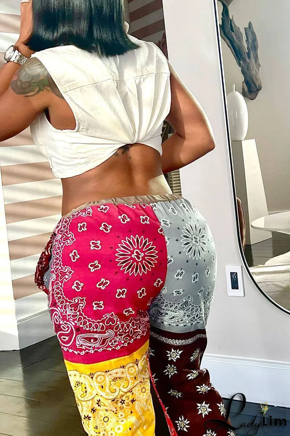 Pink Yellow Casual Print Patchwork High Waist Straight Patchwork Bottoms