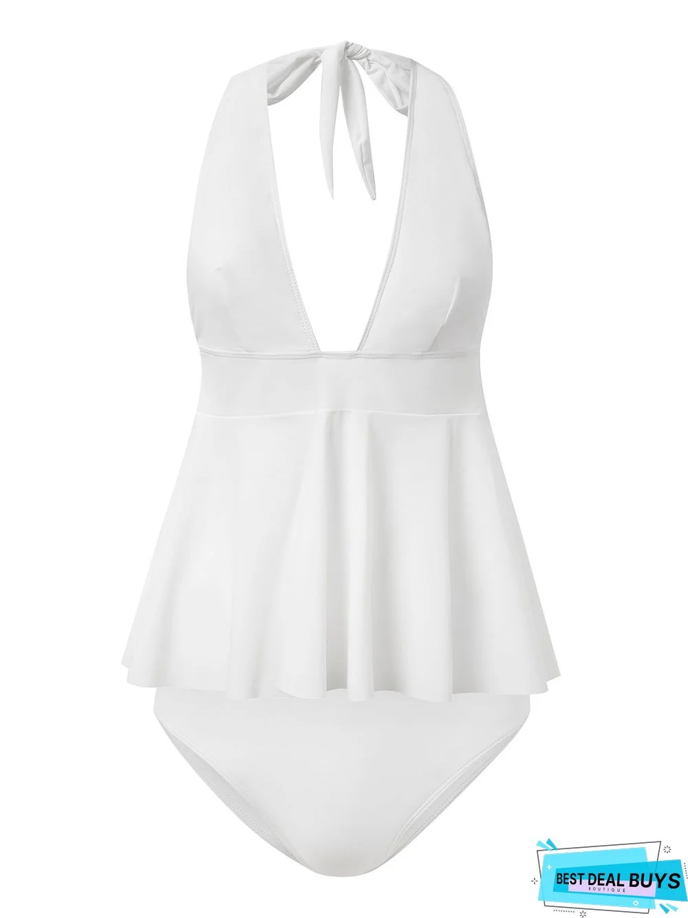 Vacation Plain Flouncing V neck Tankinis Two-Piece Set
