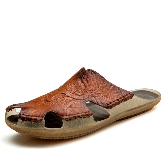 Men's Slip On Sandals Slides Beach Leather Shoes | ARKGET